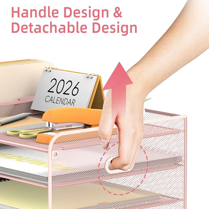 SUPEASY Mesh Desk Organizer with File Holder, 5-Tier Paper Letter Tray Organizer with Magazine Holder, Desktop Organizer and Storage with Drawer for Office Supplies Home or School (Pink)