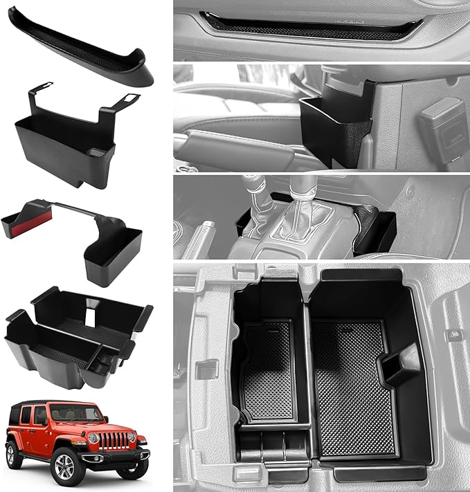 Center Console Organizer for 2018-2023 Jeep Wrangler JL JLU 4XE/Gladiator JT Gear Shift Console Side Tray GrabTray Passenger Hanging Armrest Storage Box for Wrangler&Gladiator(18-23 4-piece)