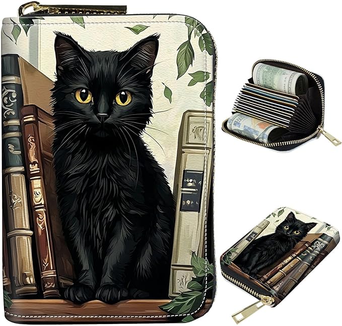 Cute Credit Card Holder with Zipper, Black Cat Books RFID-Blocking Card Case Small Wallet for Women Men, Multi-slot Card Organizer Case Travel Accordion Wallet