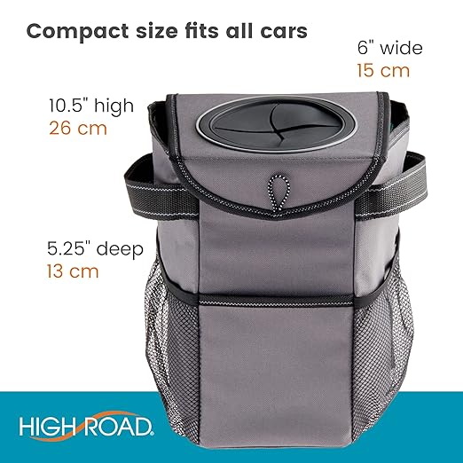 High Road StashAway Heavy Duty Car Trash Can with Rubber Lid, 3 Storage Pockets and Sturdy Panels for Stable Floor or Hanging Seatback Use (Gray)