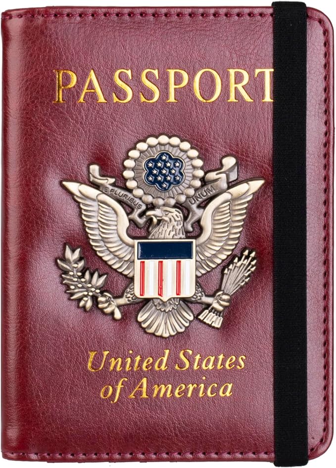 TOURSUIT RFID Blocking Passport Holder for Women Men, Leather Passport Travel Wallet with 3D Metal Badge, Travel Document Organizer Cover Accessories (Rose Red)