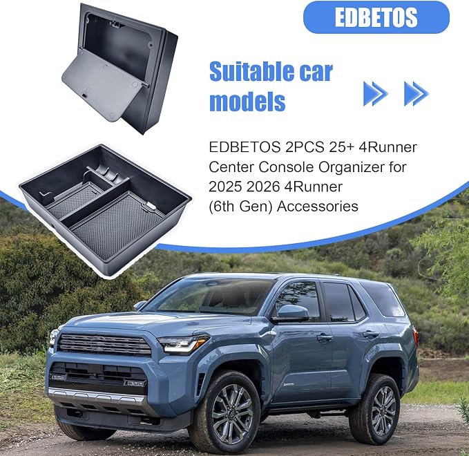 EDBETOS 2PCS 2026 4Runner Center Console Organizer for 2025 2026 Toyota 4Runner (6th Gen) Accessories Insert Tray, Armrest Hidden Storage Box Secret Compartment Press to Open and Close,ABS Black