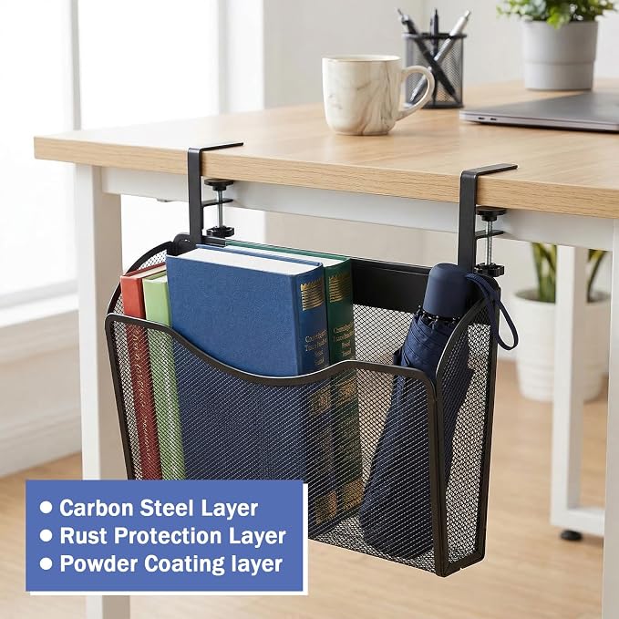 Under Desk Drawer Clamp On Mesh Metal Desk Side Storage Hanging Organizer with Adjustable F-Clamp for Office Home, Black