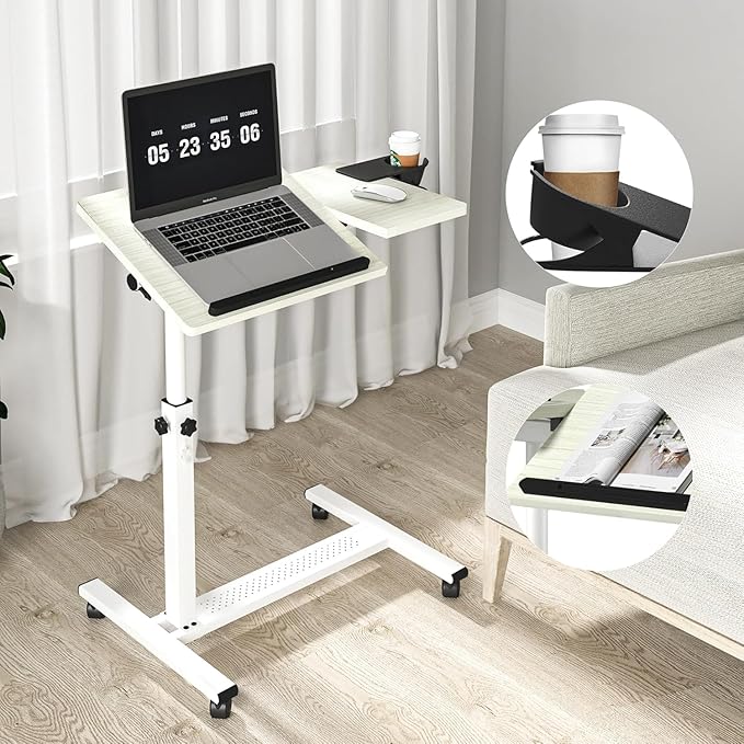 Panta Height Adjustable Rolling Laptop Stand, Overbed Table with 2 Tilting Desktops, Mobile Laptop Table for Couch with Cup Holder, Mobile Computer Workstation for Office, Home and Hospital,Maple