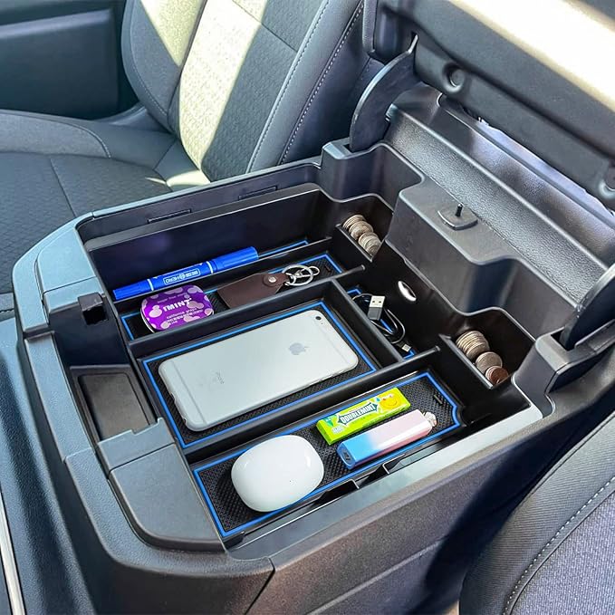 TACOBRO [Full-Coverage Center Console Organizer Compatible with 2019-2022 Chevy Silverado 1500/GMC Sierra 1500 and 2020-2023 Silverado/Sierra 2500/3500HD Accessories, Armrest Insert Tray, Blue