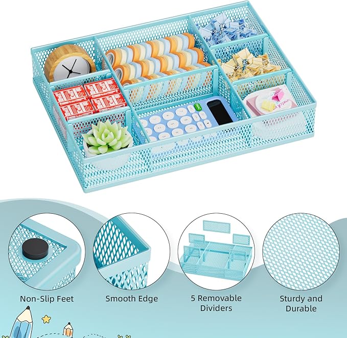 Marbrasse 2 Pack Desk Drawer Organizer, Mesh Drawer Organizer Tray with 8 Adjustable Compartments, Desk Organizers and Accessories, 5 Dividers Drawer for Office Supplies, Makeup & Vanity (Blue)