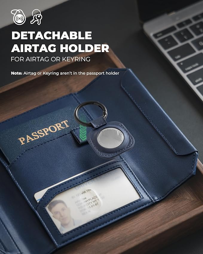 VULKIT Passport Wallet with Detachable AirTag Holder, Vegan Leather Passport Holder, RFID Blocking, Travel Essential, Magnetic Closure, Blue