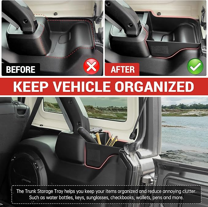 Wheel Well Storage Bin Fit for 2024-2025 Jeep Wrangler JL JLU 4XE Rear Trunk Side Storage Box Cargo Organizer Cargo Tray for Wrangler JL 4dr Accessories(24-25 Trunk Organizer, Not Gladiator)
