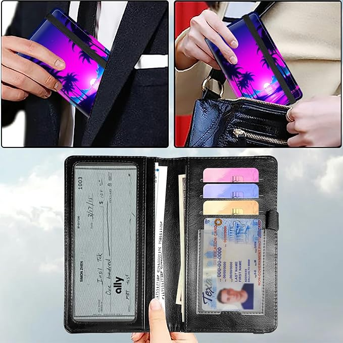 Checkbook Cover for Women & Men, RFID Blocking Personal PU Leather Checkbook Check Book Holder Wallet with Elastic Tape & Credit Card Slot,Neon Palm Trees