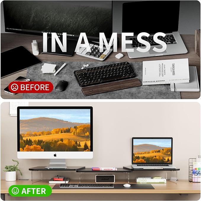 AFOOYO LED Dual Monitor Stand Riser for 2 Monitors,Office Desktop Wooden Stand Adjustable Length and Angle 3 Shelf,Extra Long Multifunctional Stand up to 39.3" for Computer,Laptop,TV,Black