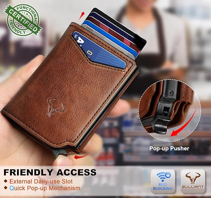 BULLIANT Men Wallet Leather Wallet Card Holders Money Clip for Men 10Cards-Magnetic Flip on Metal Case