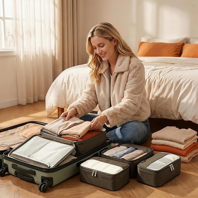 4 Piece Compression Packing Cubes for 3–7 Day Travel, Space Saving Travel Organizers with Breathable Mesh, Double-Zipper Packing Cubes for Carry-On & Suitcases (Gray)