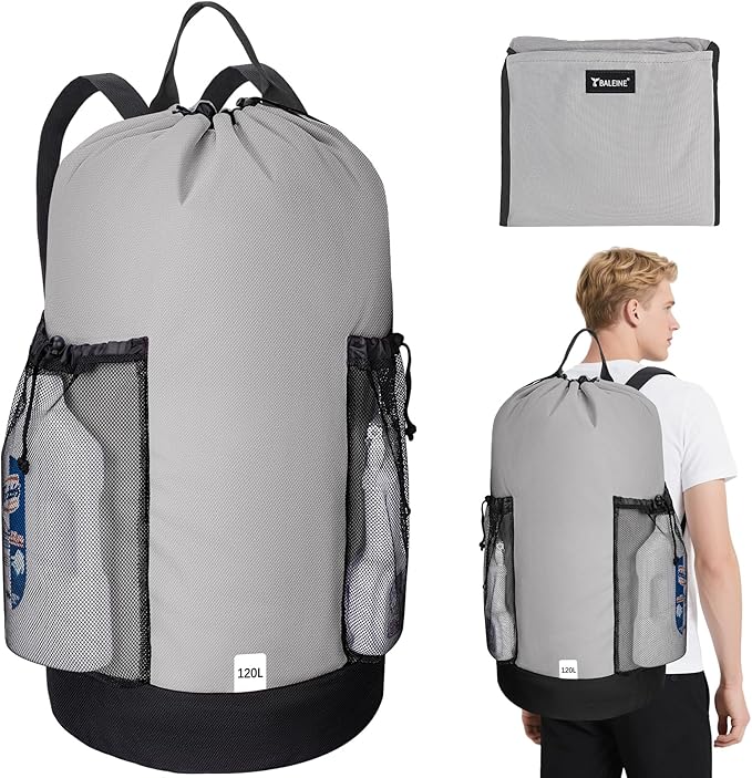 BALEINE 2PK 120L Laundry Bag Backpack, 900D Oxford Fabric Large Travel Laundry Bags with Shoulder Straps and 2 Mesh Pockets (Gray, 120L)