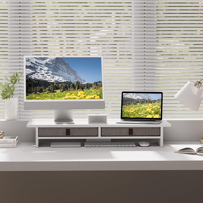 Fenge Monitor Stand with Drawer, 2 Tiers Dual Monitor Riser for Desk, 35 Inch Computer Stand for 2 Monitors, Desk Shelf for Home, Office, Laptop, PC, TV, Printer