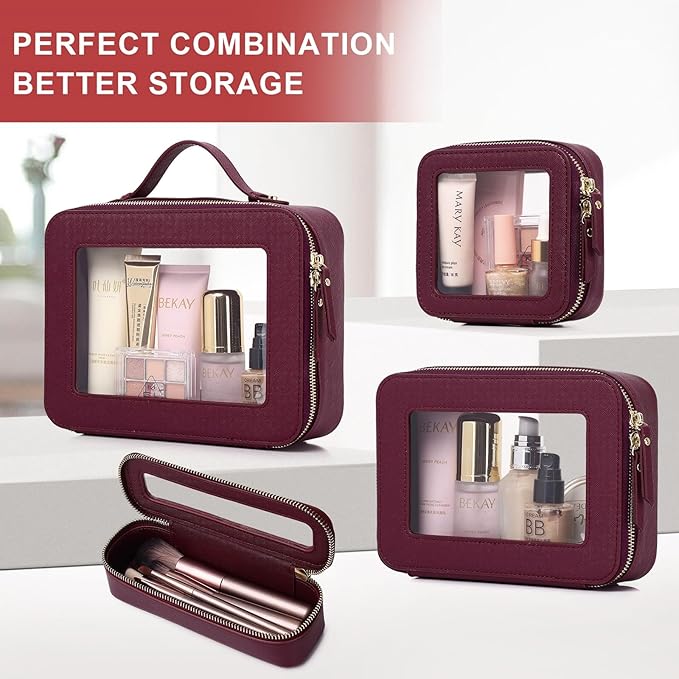 Pinkmik Clear Makeup Bag for Women Waterproof Travel Cosmetics and Toiletries Case Portable Makeup Oaganizer Bag Clear Car Bag with Zipper (X/Burgundy, M)