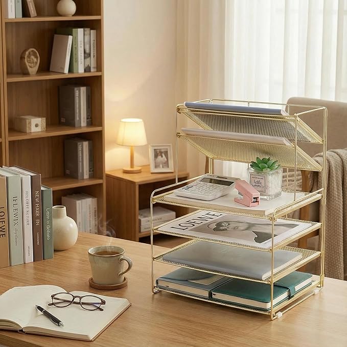 OPNICE Desk Organizer, 6-Tier Letter Tray Paper Organizer, Desktop File Organizer, Office Desk Accessories & Office Decor for Women, Workspace Organizer for Office Supplies(Gold)