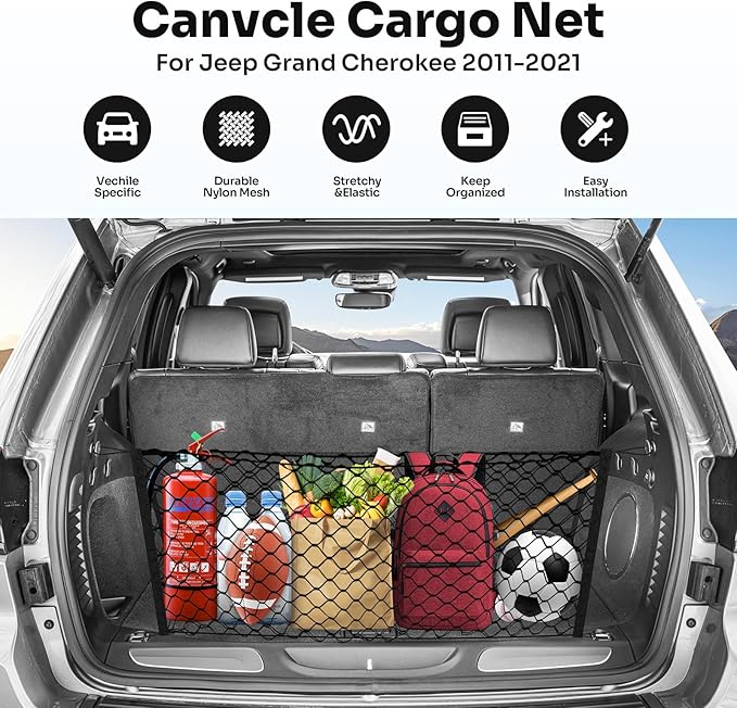 Canvcle Trunk Cargo Net for 2011-2021 Jeep Grand Cherokee Accessories Envelope Style Mesh Trunk Net Organizer and Storage Stretchable Adjustable Elastic Nylon Rear Cargo Netting with Hooks