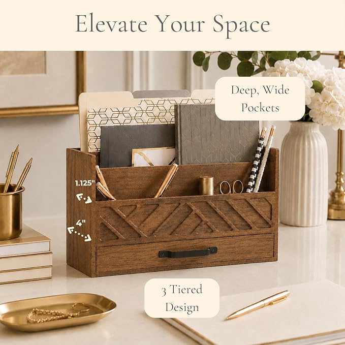 BLU MONACO | Wooden Mail Organizer with Drawer and Compartments | Mail Sorter Organizer Countertop for Desk Entryway | Outgoing Mail Holder Wood Desktop File Storage