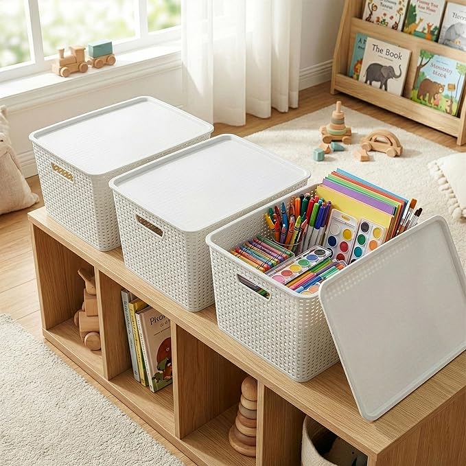 BINO | Plastic Storage Baskets with Lids, 45 Liter - 3 Pack, White | THE WOVEN COLLECTION | Storage Basket for Shelves | Woven Storage Baskets for Organizing Bins Pantry Shelf Organizer Container Bin