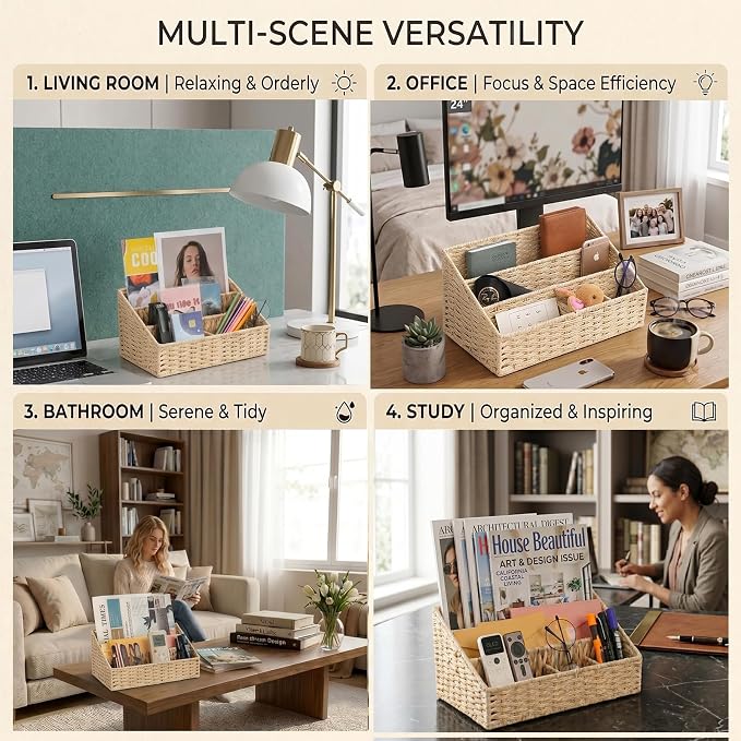 Rattan Mail Organizer - Countertop, Desk, Bills, Woven Basket, Magazine Holder, Mail Sorter, Hobo Organizer，Beige
