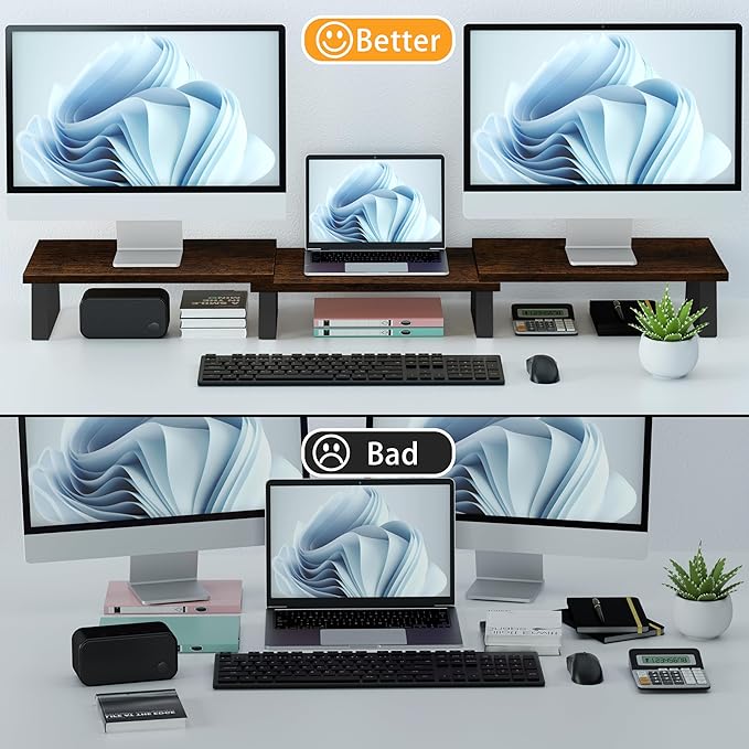 Aothia Large Dual Monitor Stand - Computer Monitor Stand, Desk Shelf For Monitor,Wood Monitor Stand With Adjustable Length And Angle,Desktop Organizer,Large Monitor Stand For Pc,Laptop(Vintage)