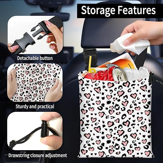 Car Trash Bag Large Hanging Can for Back of Seat, Cute Waterproof Car Garbage Bag for Vehicle, Travelling, Outdoor Pink Leopard Heart