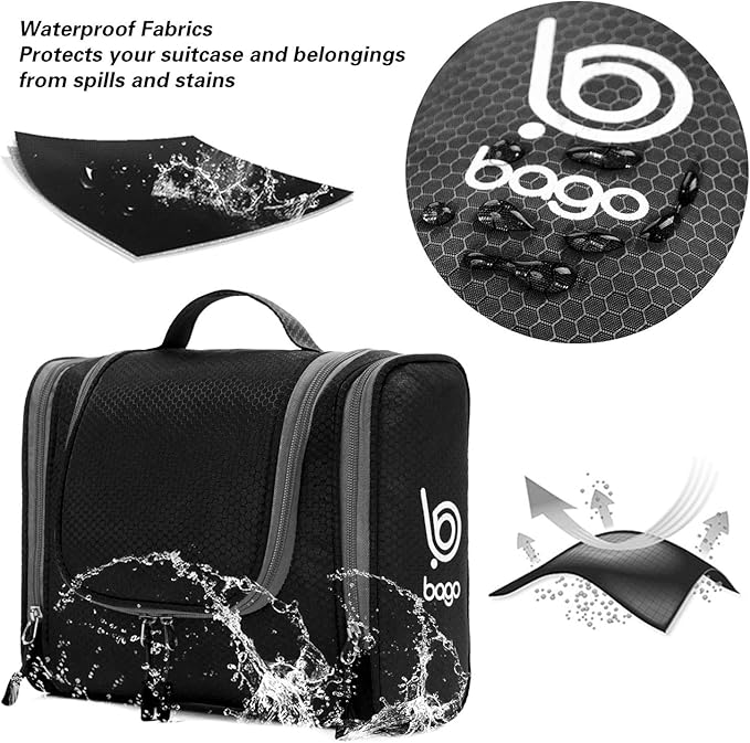 Bago Travel Toiletry Bag for Women and Men X-Large Waterproof Hanging Large Toiletry Bag for Bathroom and Travel Bag for Toiletries Organizer -Travel Makeup Bag (Black)