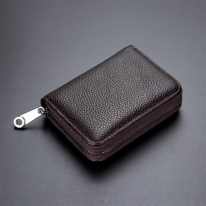 Suweibuke Genuine Leather Credit Card Holder Zipper Wallet RFID Blocking Secure Card Case ID Case Organizer (Classic Brown)