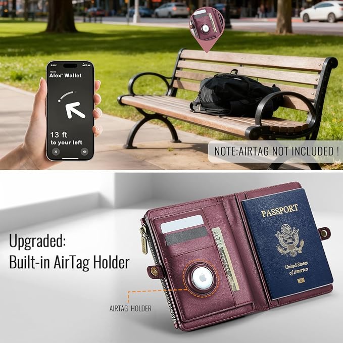 Passport Holder Wallet Bag with AirTag Holder, 11 Card Slots and Passport Solt Cash Solt Photo Solt Zipper Pocket, RFID Blocking Wristlet Strap.Wine