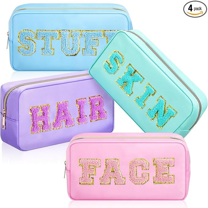 Remerry 4 PCS Nylon Cosmetic Bags Waterproof Spacious Travel Makeup Organizer for Women Chenille Letter Preppy Zipper Pouch Face Stuff Skin Hair Organizer Gift(Light Blue, Green, Purple, Pink)