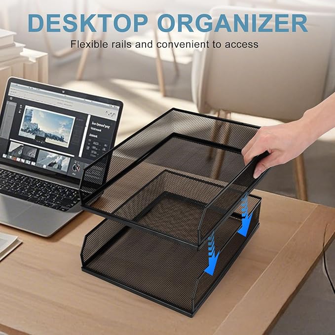 Stackable Paper Tray Desk Organizer, 2 Pack Letter File Tray, Wire Mesh Desktop Organizer, Front-Load Metal A4 Paper Sorter Documents Storage Holder Tray for Office Supplies Home School Classroom