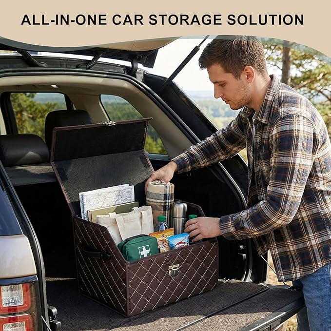 Trunk Organizer with Lid for Car Foldable Storage Box Heavy Duty PU Leather Cargo Organizer for SUV Sedan Waterproof (Brown, Small)