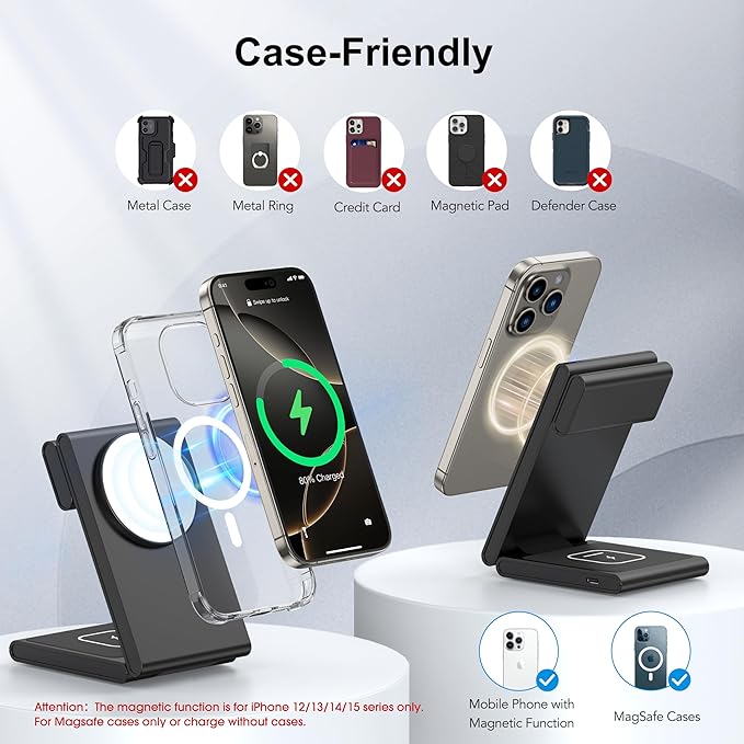 New Travel Foldable 3 in 1 Wireless Charging Station for Apple Magsafe Charger Stand,Fast Magnetic Wireless Charger Station for iPhone 17 Air 16 15 14 13 12 Series,Airpods Pro,Apple Watch Ultra