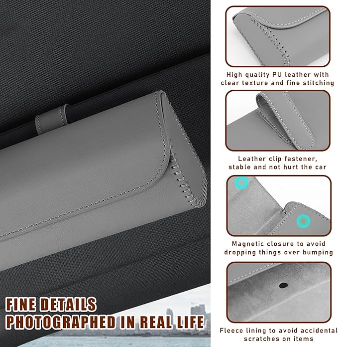 Augeny Sunglasses Holder for Car Sun Visor, Leather Auto Eyeglasses Storage Case with Hidden Magnetic Closure, Protective Glasses Organizer Box, Vehicle Visor Accessories for Woman Man (Gray)