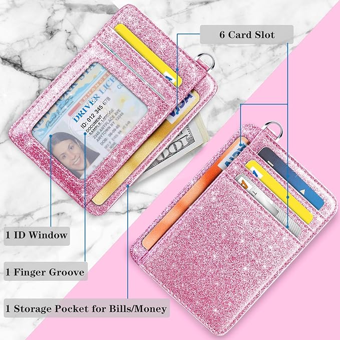 Coco Rossi Slim Front Pocket Wallet RFID ID Card Holder Cute Small Wallet with Wrist Lanyards Key Chain Holder for Women, Peach Pink Glitter