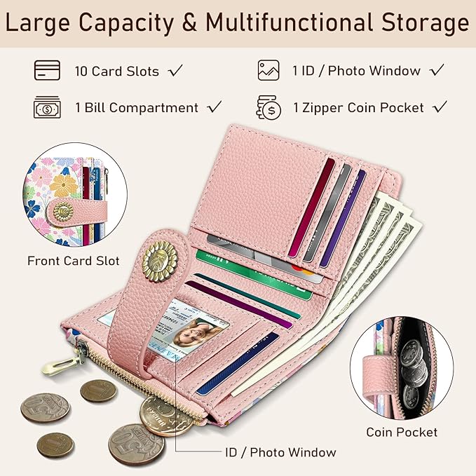 Kelvoris Pastel Art Flower Floral Small Rfid Women Wallet Bifold Zipper Coin Pocket PU Leather Compact Cash Credit Card Holder Travel Wallet for Female Ladies Teen Girls 1 ID Window 10 Card Slots