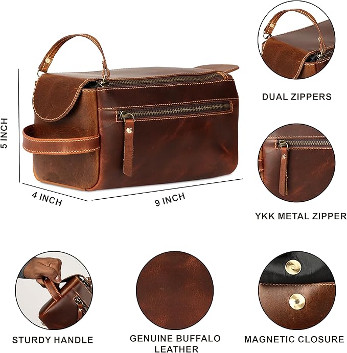 KomalC Premium Buffalo Leather Toiletry Bag for Men & Women With Water resistant Lining, Grooming Travel Pouch, Unisex Wash Bag for Toiletries, Gifts for Men and Women