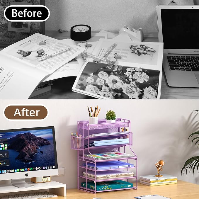 Purple 7 Tier Desk File Organizer, Metal Letter Tray Paper Organizer with Pull-Out Drawer, Removable Pen Holder & Hanging Basket, Vertical Desktop File Holder for Home Office, Classroom