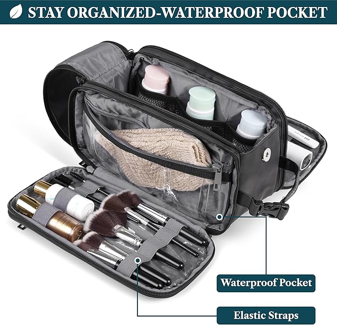 PAVILIA Toiletry Bag for Men, Hanging Travel Dopp Kit Organizer, PU Leather Water Resistant Bathroom Bag for Shaving Grooming, Large Capacity Cosmetic Bag Travel Essentials, Black