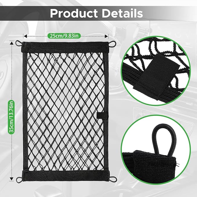 2 Pcs Small Cargo Net - Car Storage Organizer with Elastic Pocket - Trunk/Boat/Home Storage Mesh w/Screws/Hooks