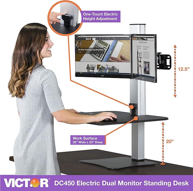 Victor Dual Monitor Electric Standing Desk Workstation, Height Adjustable Sit-Stand Converter with Dual Monitor Support, 28??x 23??Work Surface (DC450)