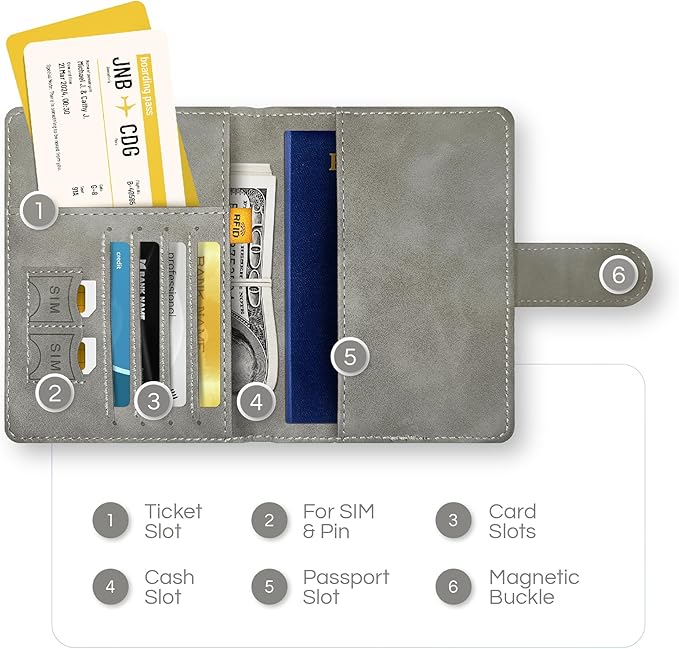 Passport Holder Cover Wallet, RFID Blocking Travel Document Organiser, Must Haves Travel Accessory, Leather Wallet Card Case – Essentials for Men & Women (Grey)