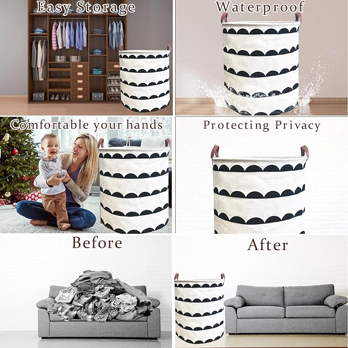 Waterproof Laundry Hamper Collapsible Laundry Basket Leather Handle Laundry Bag Large Clothes Storage Toy Organization for Bathroom Bedroom Laundryroom College Dorms (Hege-003)