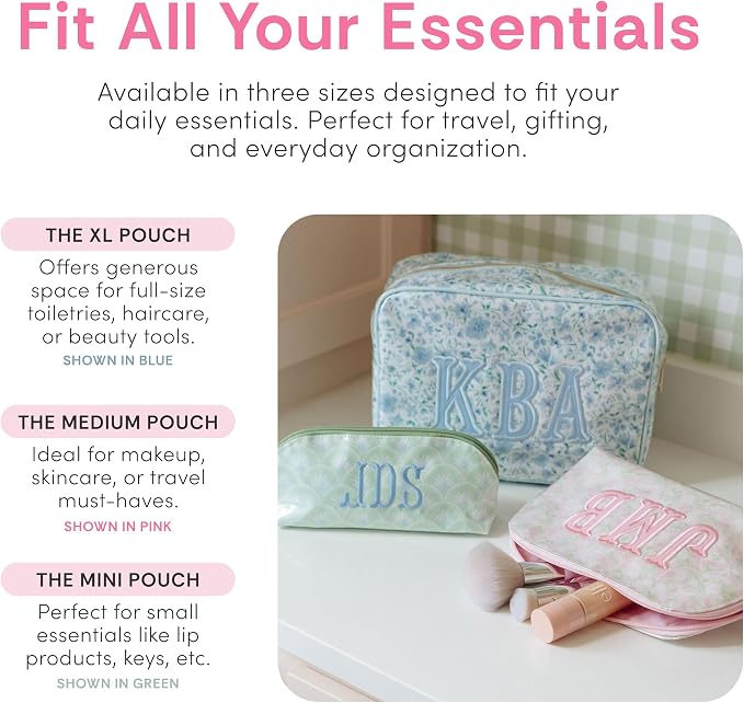 Personalized Clear Coated Pouch - Medium or Large Toiletry Bag with Embroidered or Applique Monogram, Custom Makeup or Travel Organizer, Easy-Clean Cosmetic Bag, Travel Gift for Women (Dahlia, XL)
