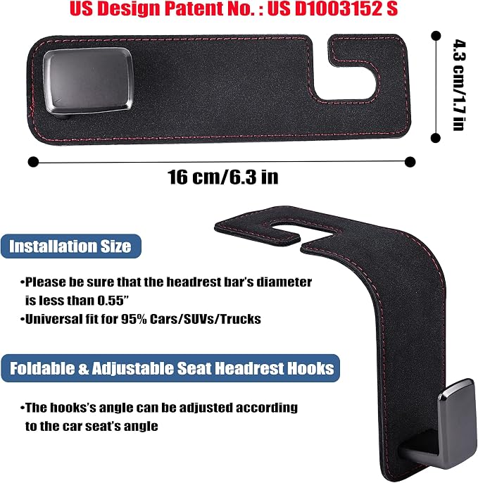 Amooca Car Seat Back Hook Universal Auto Storage Hanger Suede with Metal Car Seat Organizer for Handbag Purse Coat Umbrellas Grocery Bags 2 Pack Black