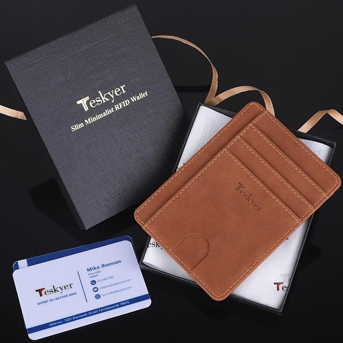 Teskyer Slim Wallet for Men, Minimalist Front Pocket RFID Blocking Leather Wallet Credit Card Holder for Men & Women