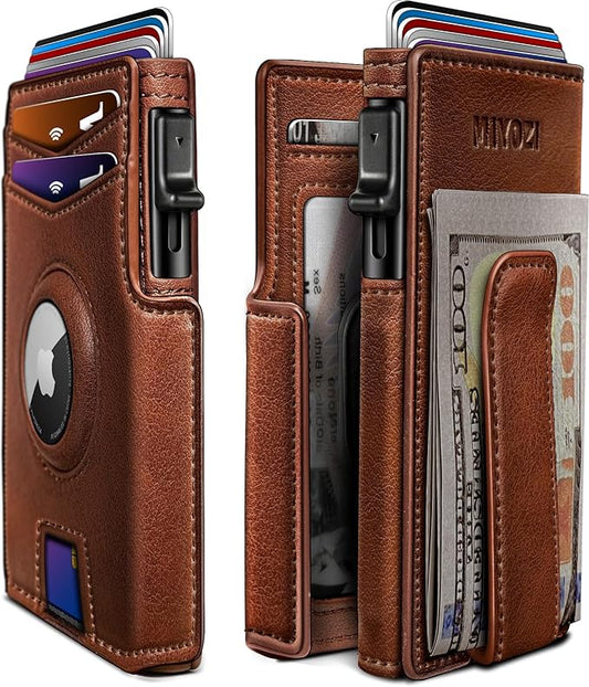 miyozi Airtag Wallet for Men,with Money Clip 10 Cards Metal Case Smart Slim Pop Up Credit Card Holder Flip with Magnetic Closure RFID Blocking wallet with Gift Box