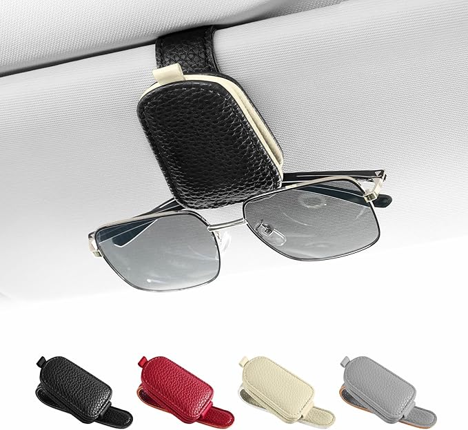 SINGARO Sunglasses Holder for Car, Leather Magnetic Buckle Sun Visor Sunglass Clip, Ticket Card Storage Glasses Clip, Car Interior Accessories for Men and Women（Black-Beige）