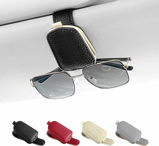 SINGARO Sunglasses Holder for Car, Leather Magnetic Buckle Sun Visor Sunglass Clip, Ticket Card Storage Glasses Clip, Car Interior Accessories for Men and Women（Black-Beige）