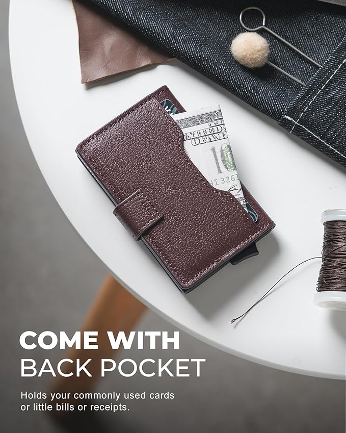 VULKIT Slim Bifold Pop up Wallet Minimalist Leather Card Holder RFID Blocking Metal Card Case with ID Window for Women | with Leather Slots, RFID Blocking, Slim, Metal Card Case